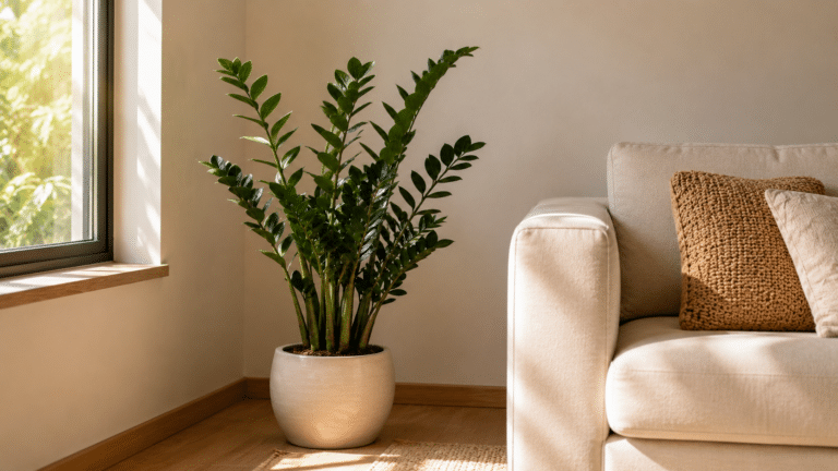 Zamioculca em vaso neutro decorando canto da sala ao lado do sofá, com visual simples, elegante e natural.