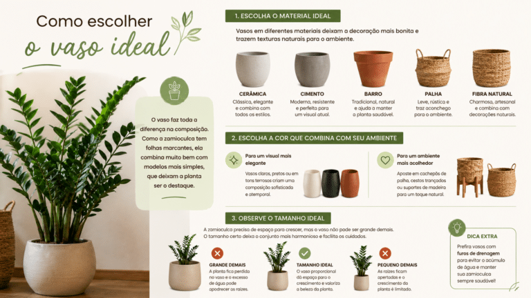 Infográfico sobre como escolher o vaso ideal para zamioculca, com dicas de materiais, cores, tamanho e drenagem.