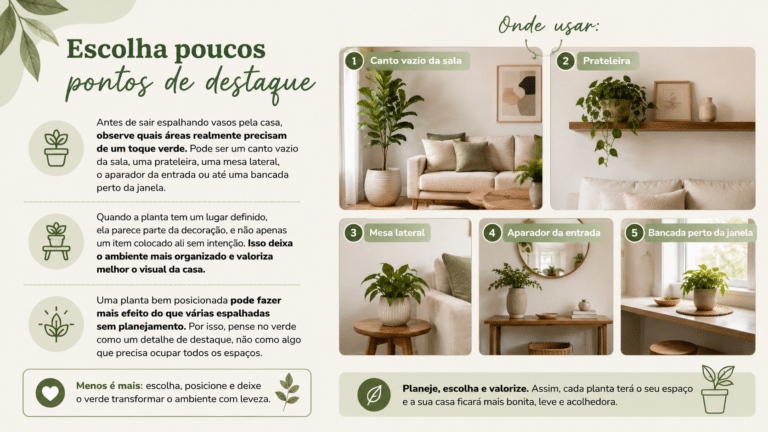 Infográfico sobre como escolher poucos pontos de destaque para usar plantas na decoração, mantendo a casa leve, organizada e acolhedora.