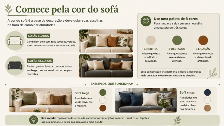 Infográfico sobre como escolher almofadas a partir da cor do sofá, usando paletas harmônicas para renovar a sala com equilíbrio e estilo.