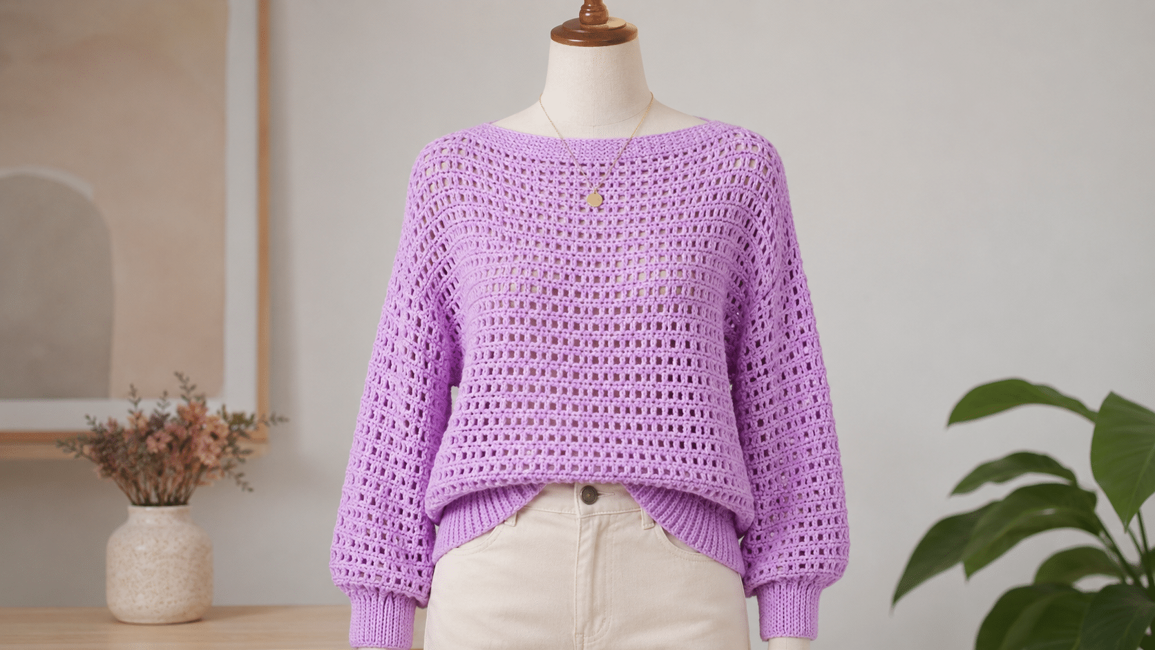 Blusa lilás de crochê com ponto vazado é delicada, versátil e cheia de charme artesanal