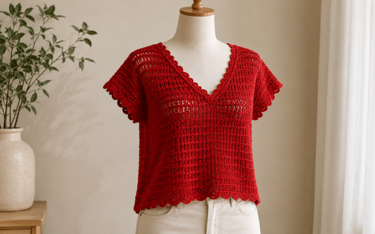 Blusa vermelha de crochê em manequim, com decote em V, ponto vazado e acabamento ondulado delicado na barra e nas mangas.