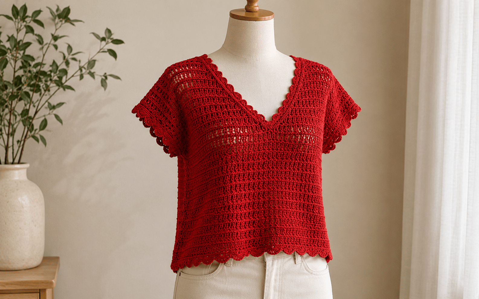 Blusa de crochê vermelha com decote em V traz charme artesanal para looks cheios de personalidade