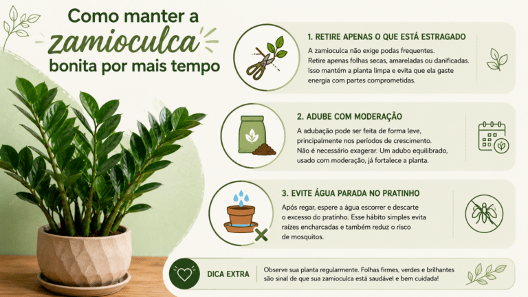 Infográfico com dicas simples para manter a zamioculca bonita por mais tempo, incluindo poda leve, adubação moderada e cuidado para evitar água parada no pratinho.