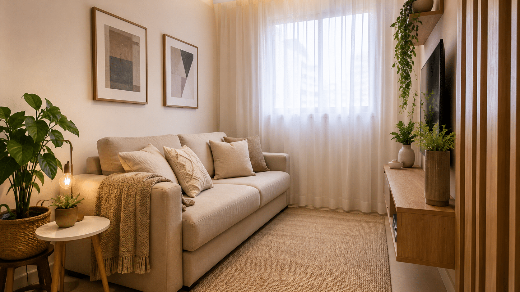 Como deixar a sala pequena mais bonita usando poucos móveis e bons detalhes