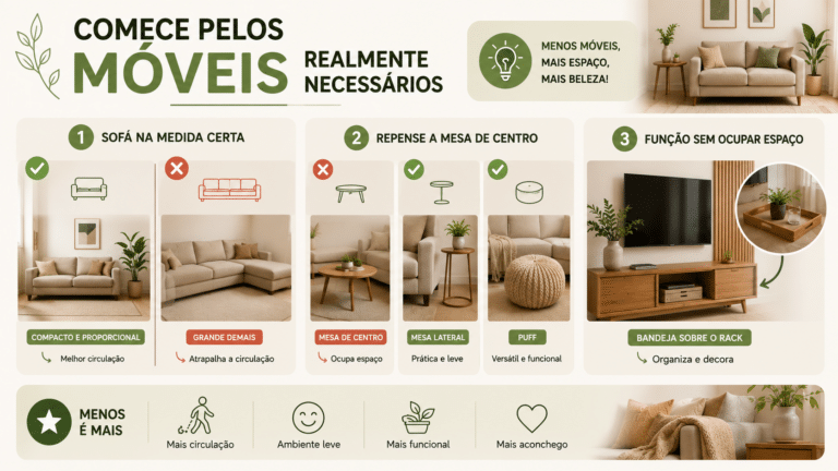 Infográfico visual sobre como escolher móveis essenciais para sala pequena, com dicas de sofá proporcional, alternativas à mesa de centro e soluções funcionais para ganhar espaço.