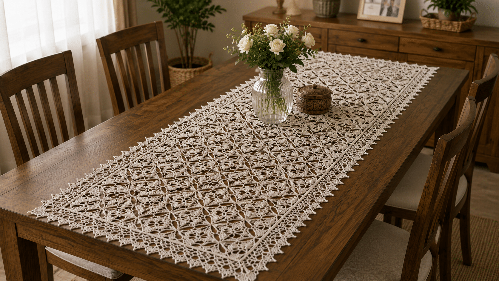 Caminho de mesa de crochê rendado deixa a decoração mais delicada e elegante