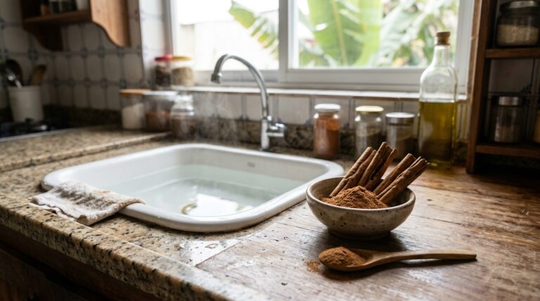 Pia de cerâmica branca cheia de água quente soltando vapor. Na bancada de madeira rústica ao lado, há uma tigela artesanal com canela em pó e paus de canela, além de uma colher de pau polvilhada com a especiaria.