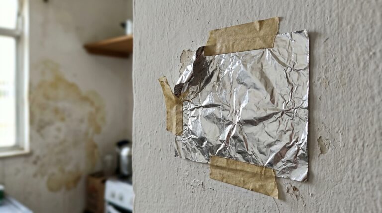 Pedaço quadrado de papel alumínio preso com fita crepe em uma parede branca com pintura descascando. Ao fundo, manchas amareladas de umidade na parede de uma cozinha desfocada.