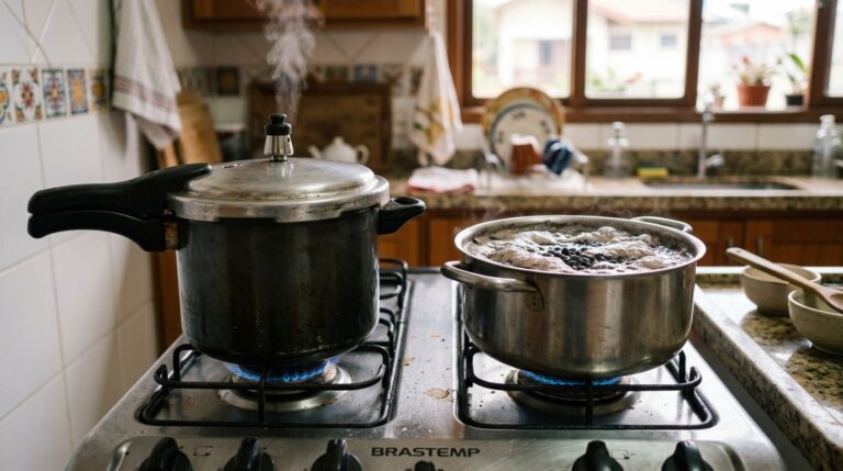 Fogão a gás em funcionamento com uma panela de pressão de alumínio soltando vapor intenso pela válvula à esquerda, e uma panela de aço inox sem tampa com feijão preto fervendo e formando espuma à direita.