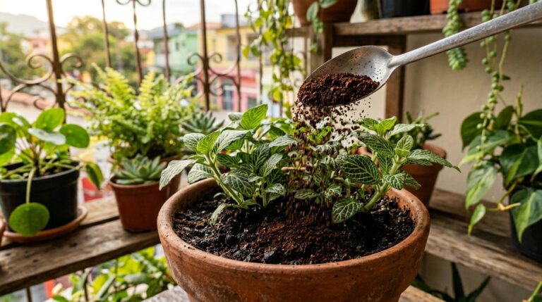 Colher de metal espalhando pó de café como chuva sobre a terra escura de um vaso com uma planta verde. Fundo de varanda com outras plantas.