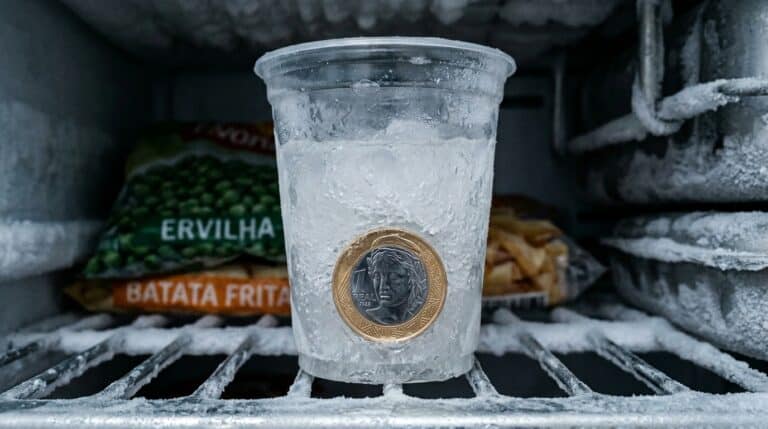 Copo de plástico transparente dentro de um freezer com água congelada e uma moeda de 1 Real presa no meio do bloco de gelo.