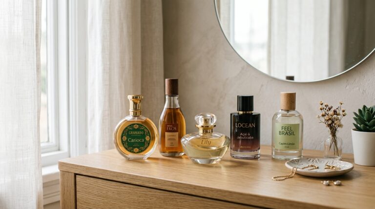 Cinco frascos de perfumes variados organizados sobre uma cômoda de madeira clara, abaixo de um espelho redondo, com joias e pequenos vasos ao lado.