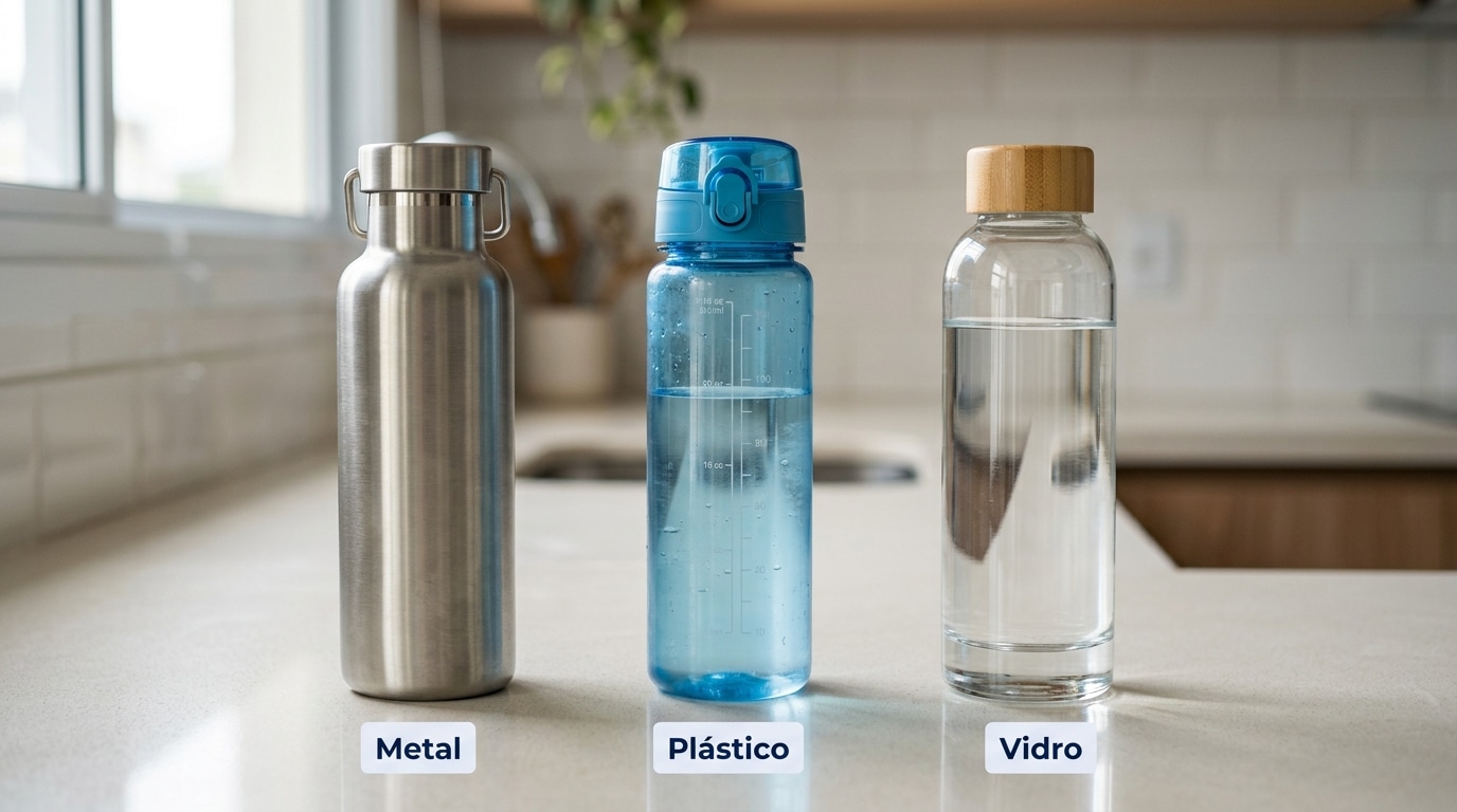 Qual garrafa de água é a melhor para uso diário, metal, plástico ou vidro