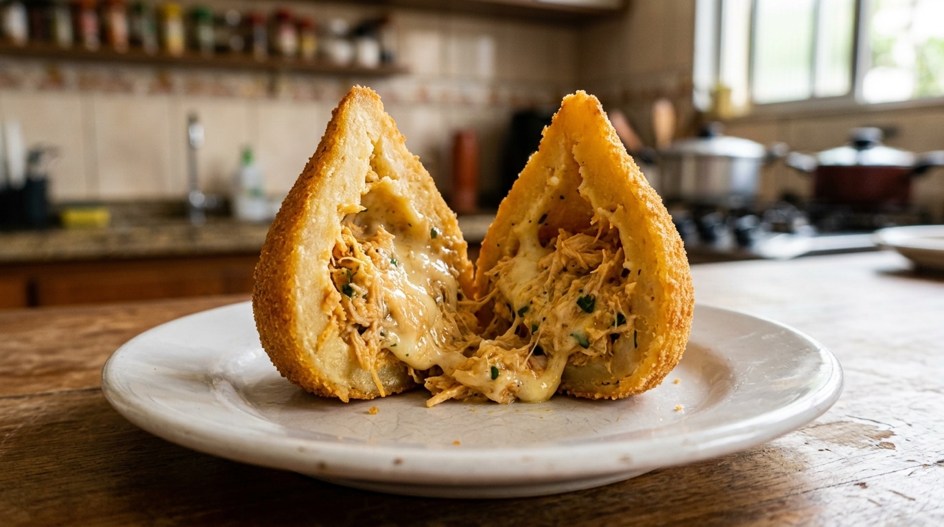 Sem trigo na massa e sem fritura: a coxinha de frango caseira crocante por fora e macia por dentro