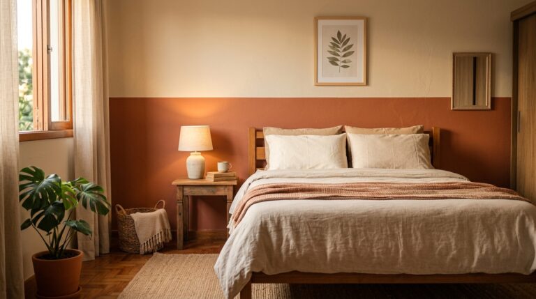 Quarto de casal com pintura meia parede dividindo o ambiente em terracota na parte inferior e bege na superior. Cama com enxoval de linho claro, mesa de cabeceira de madeira com abajur aceso e uma planta Costela-de-Adão em vaso de barro à esquerda.