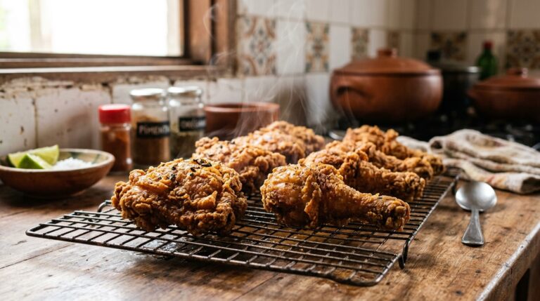 Pedaços volumosos de frango frito soltando fumaça sobre uma grade de resfriamento preta, apoiada em uma mesa rústica de madeira.