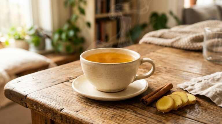 Xícara de cerâmica rústica cheia de chá quente e fumegante sobre uma mesa de madeira maciça. Ao lado do pires, repousam dois paus de canela e fatias frescas de gengibre. O fundo exibe um ambiente doméstico com plantas e luz natural. Legenda: A infusão de gengibre e canela resulta em uma bebida aromática com propriedades termogênicas, ideal para dias mais frios e fortalecimento da imunidade.