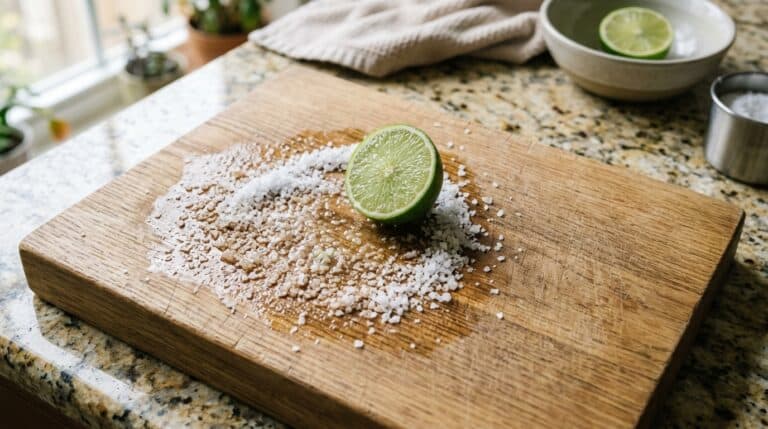 Tábua de corte de madeira clara posicionada sobre uma bancada de granito. No centro, há sal grosso espalhado e metade de um limão verde. Ao fundo, de forma desfocada, aparecem uma tigela com outro limão e um recipiente com sal.