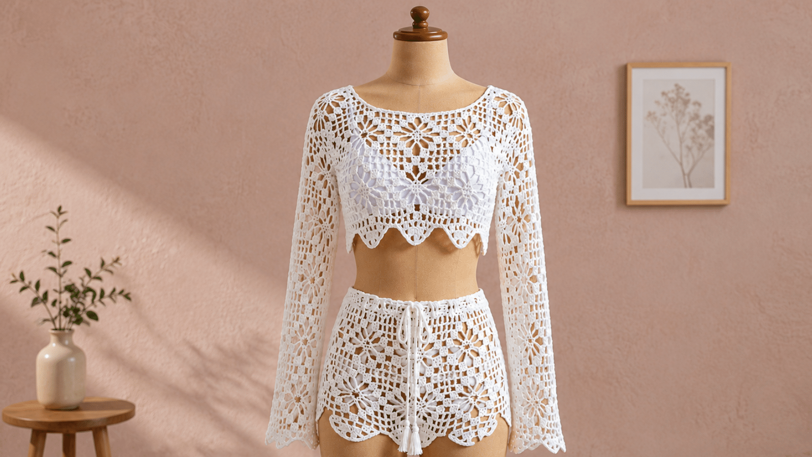 Conjunto de crochê branco traz leveza, estilo e um visual artesanal marcante