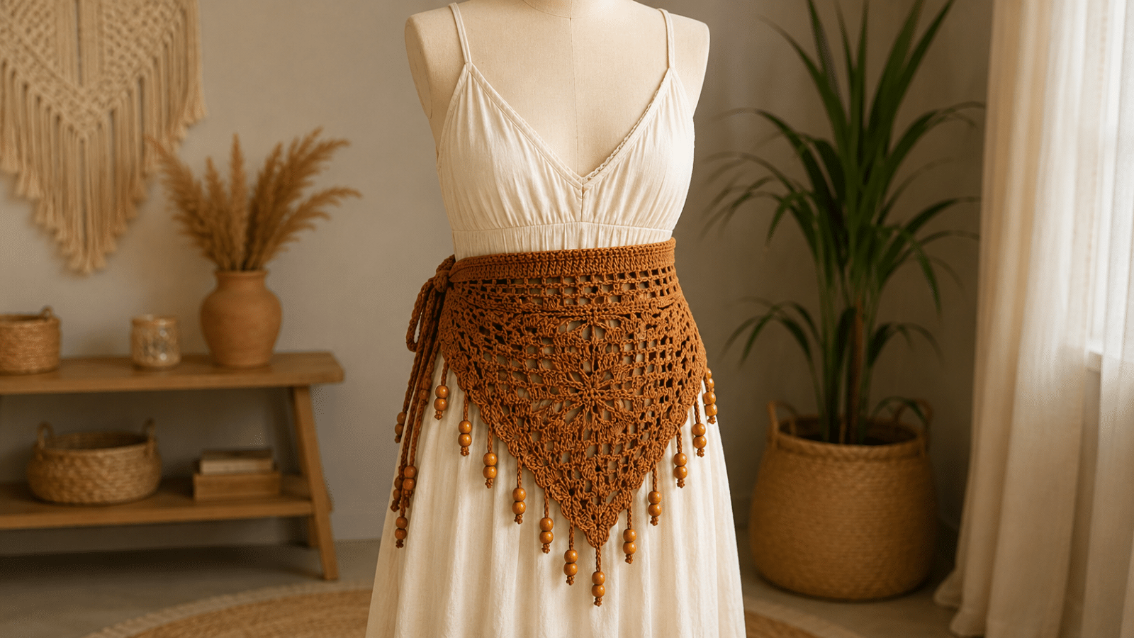 Bandana de crochê marrom é o detalhe artesanal que transforma vestidos e saias