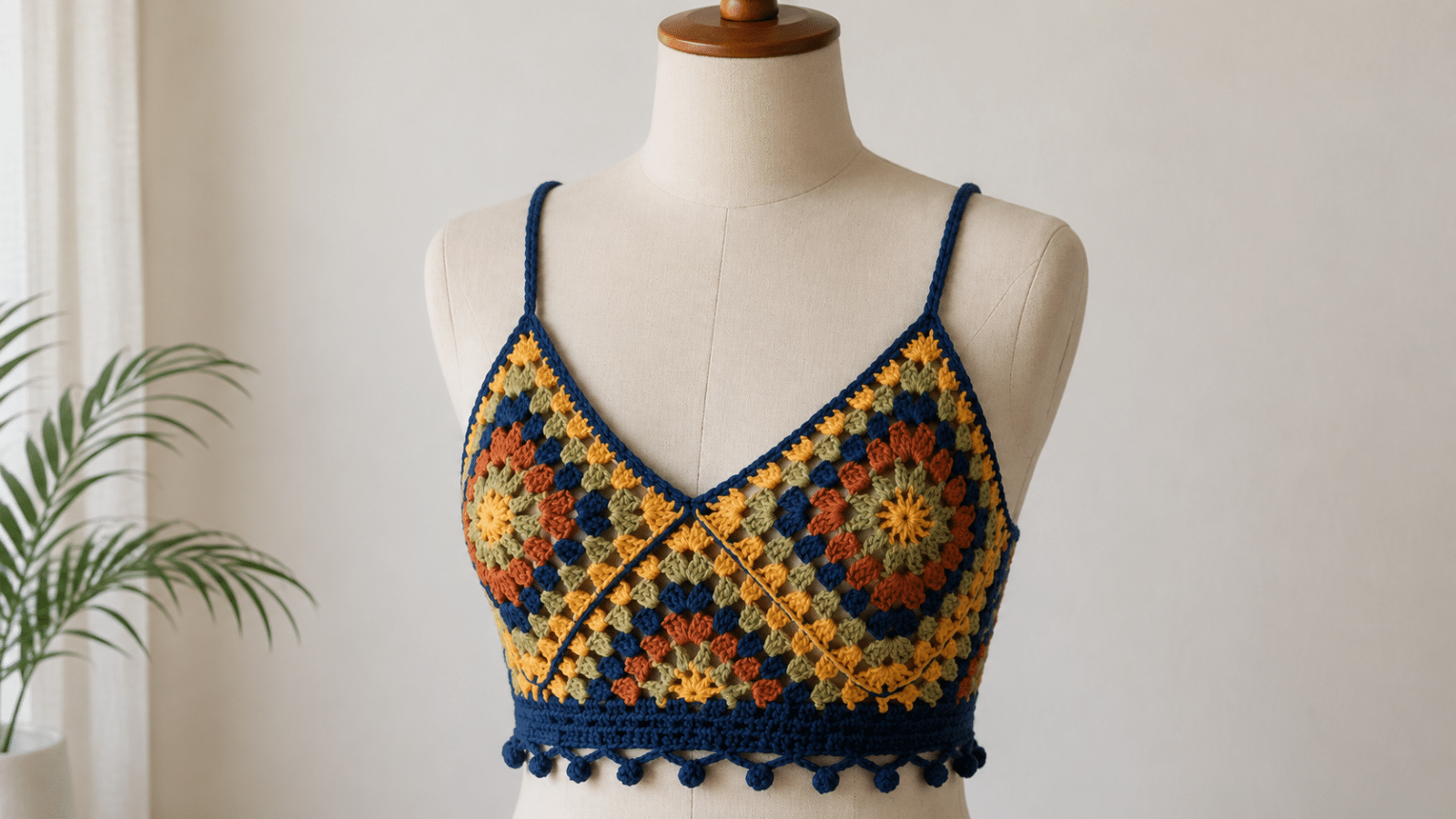 Cropped de crochê com granny squares une cor, textura e estilo artesanal