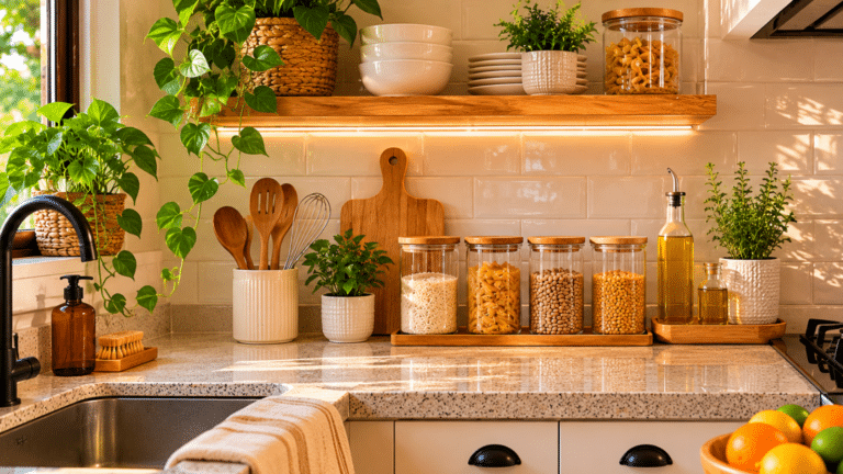 Cozinha pequena e organizada com bancada livre, potes alinhados, plantas e luz natural, mostrando como deixar o ambiente funcional sem comprar móveis novos.