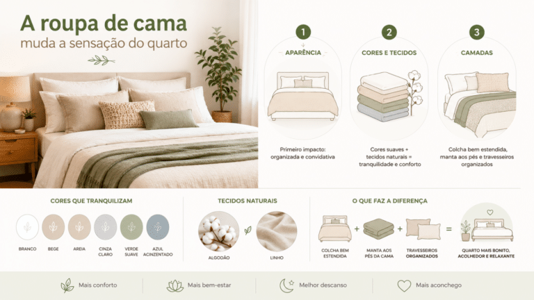 Infográfico minimalista sobre como a roupa de cama transforma o quarto com cores suaves, tecidos naturais e camadas bem organizadas.