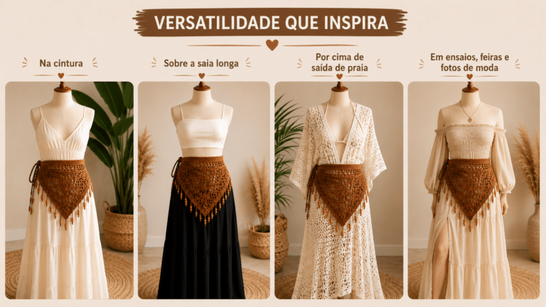 Infográfico mostra a versatilidade da bandana de crochê marrom em diferentes looks com manequins.