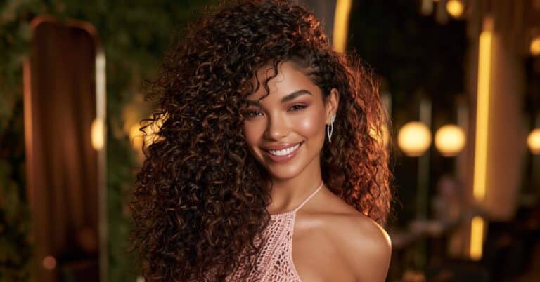 Mulher sorrindo com cabelos cacheados volumosos e definidos em ambiente iluminado.
