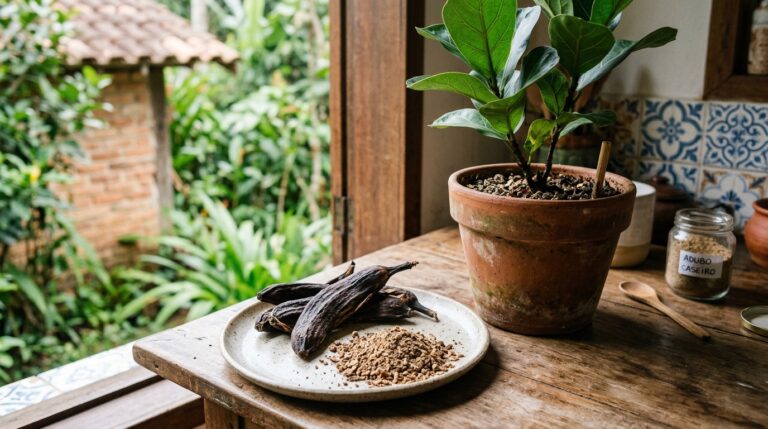 Prato de cerâmica clara contendo cascas de banana totalmente secas e escurecidas, ao lado de um monte do mesmo material triturado em formato de farinha. Na mesa rústica, ao lado do prato, há um vaso com a planta Ficus Lyrata e um pote de vidro etiquetado "ADUBO CASEIRO".