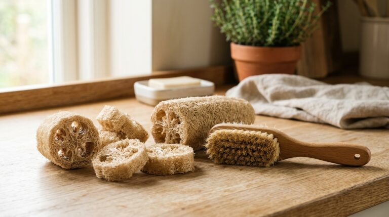 Pedaços de bucha vegetal cortados em rodelas e uma bucha inteira ao lado de uma escova de limpeza com cabo de madeira, dispostos sobre uma bancada de madeira clara na cozinha, próximos a uma janela.