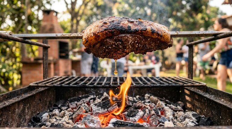 Peça grossa de picanha no espeto sobre uma churrasqueira. Uma gota de gordura cai da carne diretamente nas brasas acesas, gerando uma chama alta. Ao fundo, pessoas desfocadas em um quintal.