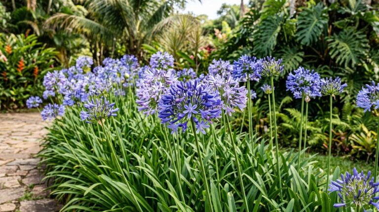 Caminho rústico de pedras margeado por um canteiro denso de flores de agapanto azul em plena floração, com hastes altas e folhas verdes lineares. Ao fundo, um jardim exuberante com folhagens tropicais.