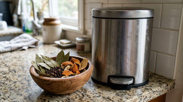 Tigela de madeira com folhas de louro, cravos e cascas de laranja secas sobre bancada de granito, ao lado de uma lixeira de inox.