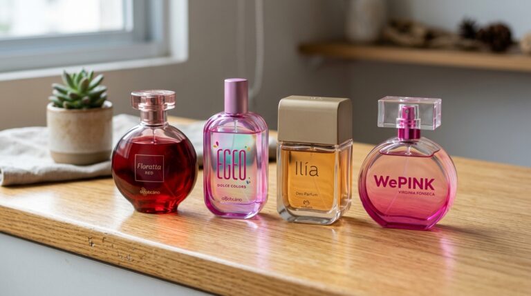 Quatro frascos de perfumes de diferentes marcas, formatos e cores enfileirados sobre uma bancada de madeira clara, próximos a uma janela.