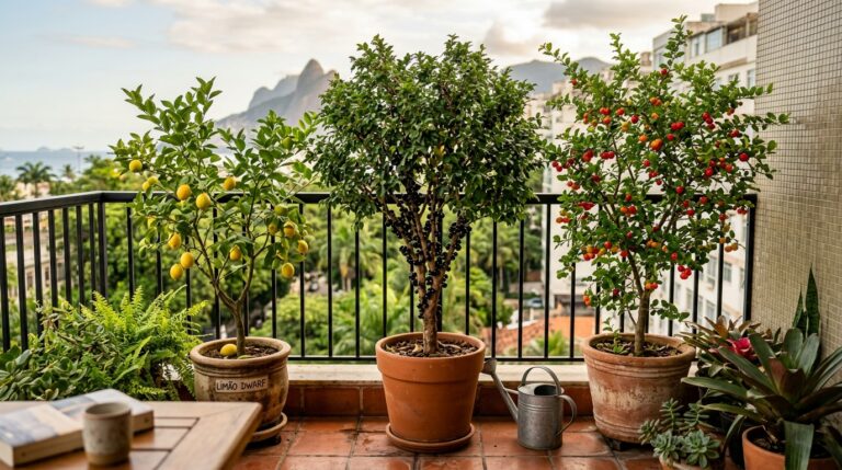 Três vasos de barro na varanda contendo pequenas árvores frutíferas: um limoeiro, uma jabuticabeira carregada no tronco e uma aceroleira com frutos vermelhos, com vista para montanhas.