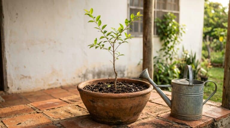Pequena muda de planta cultivada em um vaso de barro redondo, posicionada sobre um piso de tijolos rústicos, ao lado de um regador de metal estilo vintage.