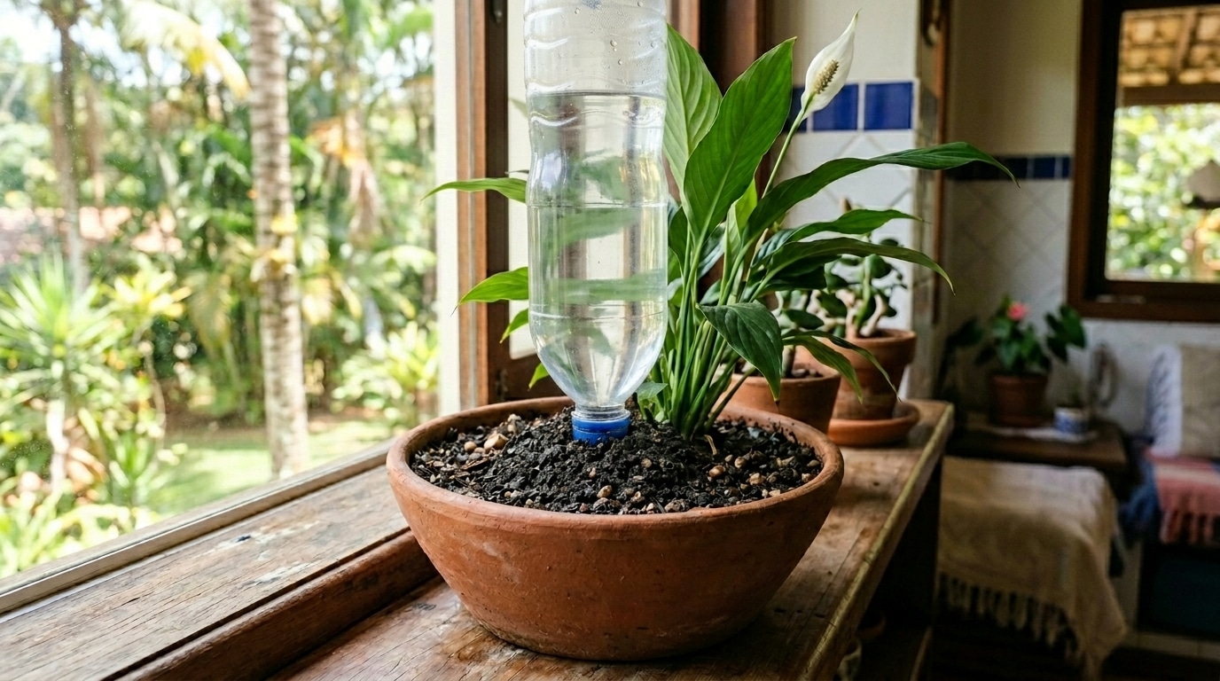 O truque da garrafa pet que mantém as plantas regadas por dias enquanto você viaja