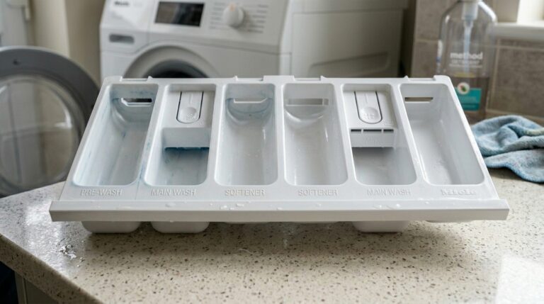 Gaveta de plástico branco com múltiplos compartimentos para sabão e amaciante sobre uma bancada de granito, contendo gotas de água e manchas de sabão azul.