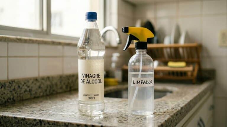 Uma garrafa de vinagre de álcool transparente ao lado de um frasco borrifador com líquido e etiqueta escrita 'Limpador'. Ambos estão sobre uma bancada de granito claro na cozinha, com a pia e o escorredor de louças desfocados ao fundo.