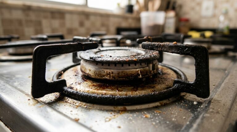 Imagem bem próxima de uma boca de fogão e parte da grade de metal cobertas por crostas escuras de gordura queimada e restos de comida.