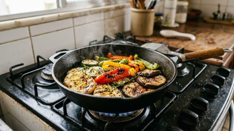 Frigideira de ferro fundido aquecida sobre a chama de um fogão, contendo rodelas de abobrinha, fatias de berinjela, tiras de pimentão colorido e ervas frescas sendo grelhados, com vapor subindo dos alimentos.