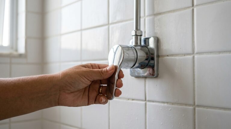 Close-up de uma mão ajustando um registro de água cromado de alavanca única, instalado em uma parede revestida com azulejos brancos no box do banheiro.