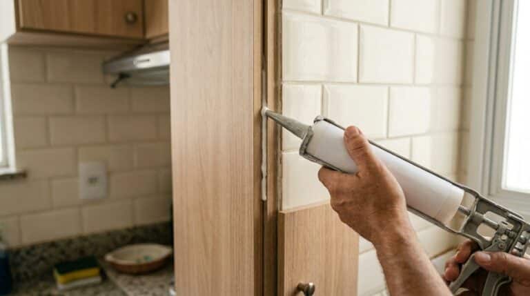 Mão segurando uma pistola aplicadora e passando uma linha de silicone branco na junção entre um armário de madeira e a parede de azulejos.