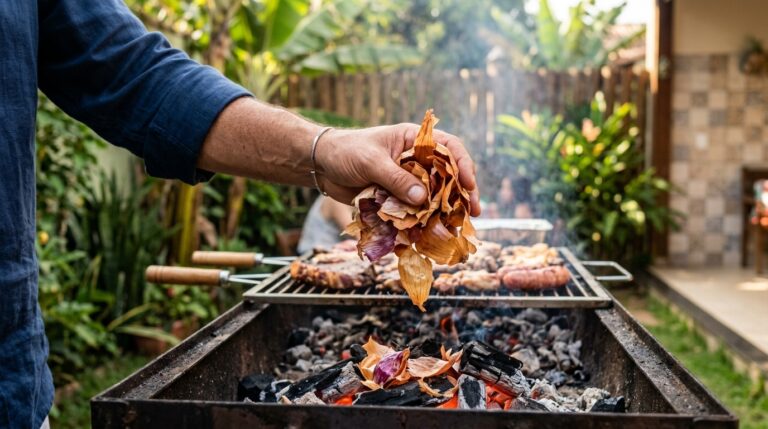 Mão de um homem jogando um punhado de cascas secas de cebola sobre o carvão em brasa de uma churrasqueira. Ao fundo, carnes e linguiças assando na grelha em um ambiente de jardim.