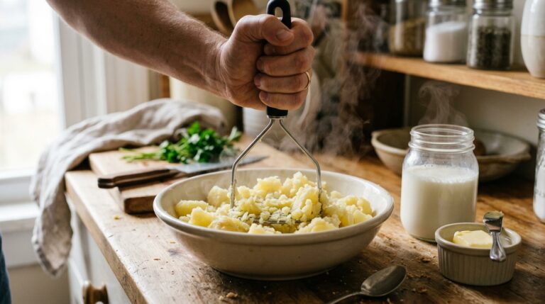Mão segurando um espremedor de metal e amassando batatas cozidas e fumegantes dentro de uma tigela rústica redonda. Ao lado, ingredientes como manteiga e um frasco de leite sobre uma bancada de madeira clara.