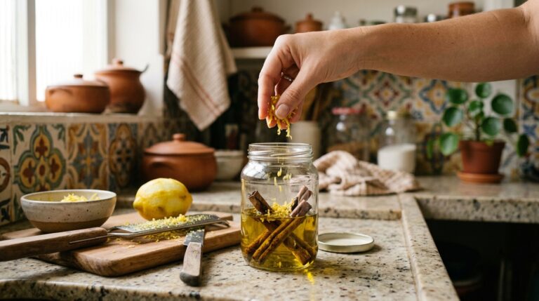 Mão adicionando raspas de limão siciliano a um pote de vidro contendo azeite e paus de canela. O frasco está sobre uma bancada de granito em uma cozinha rústica com azulejos decorados.