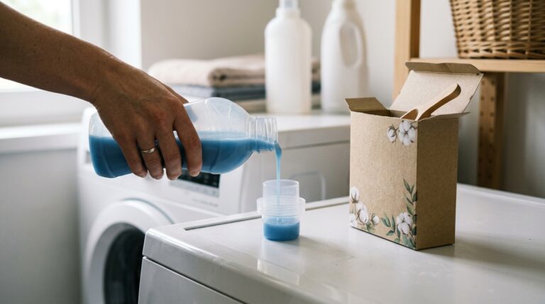Mão despejando sabão líquido azul de uma garrafa plástica transparente para a tampa medidora sobre uma máquina de lavar branca. Ao lado, uma caixa ecológica de papelão com estampa de algodão e medidor de madeira.
