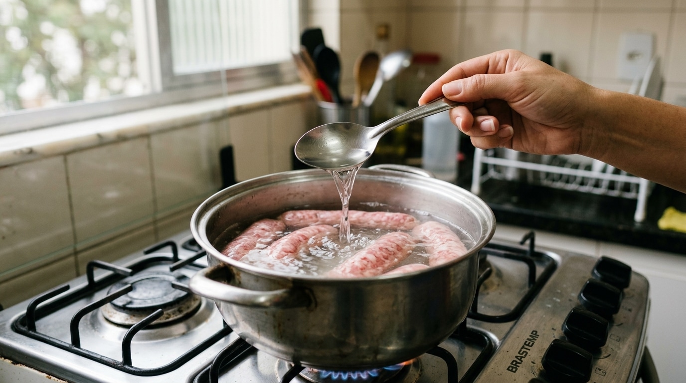 Pare de cozinhar linguiça assim: uma colher disso na água evita que elas estourem na panela